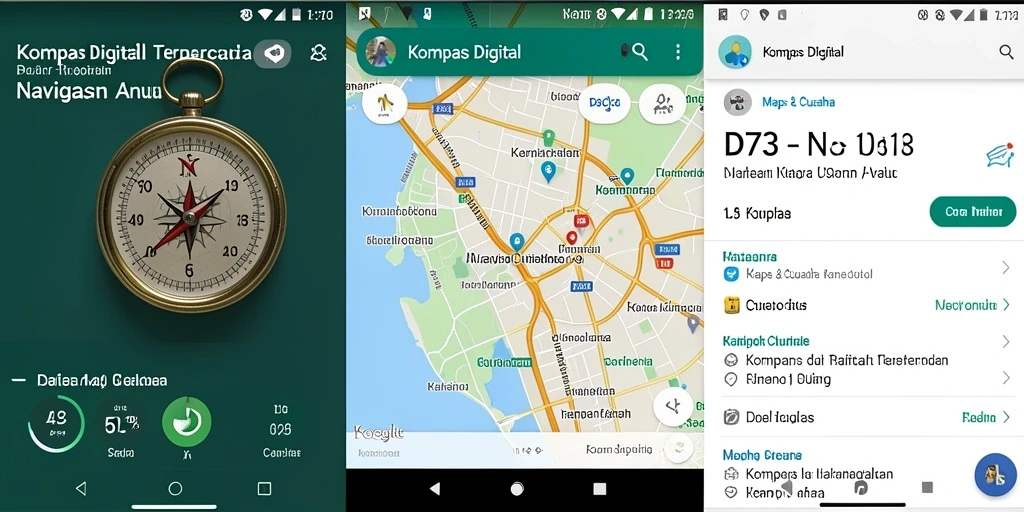 Screenshot antarmuka D73 menampilkan kompas digital yang akurat.
